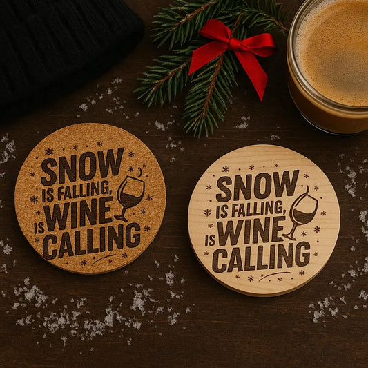 “Snow Is Falling, Wine Is Calling” Engraved Cork or Wood Coaster