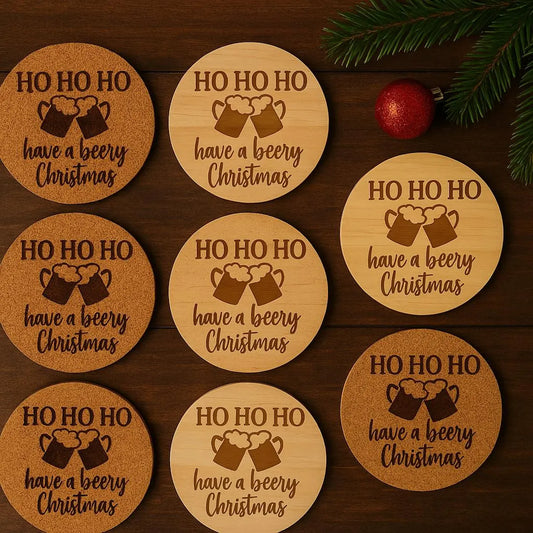 Funny Christmas Beer Coaster: Have a Beery Christmas Laser Engraved Cork or Wood