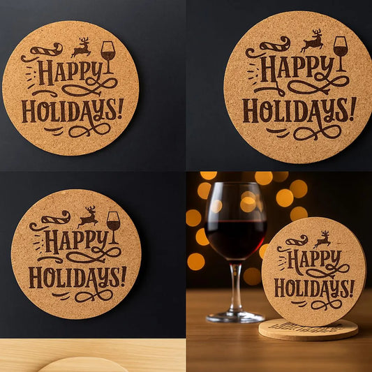 Happy Holidays Laser Engraved Cork or Wood Coaster