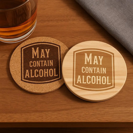"May Contain Alcohol" Coaster: Cork or Wood Funny Bar Decor