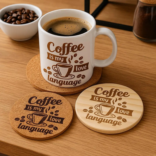 Coffee Lover Coaster: Laser Engraved Cork or Wood - "Coffee is my love language"