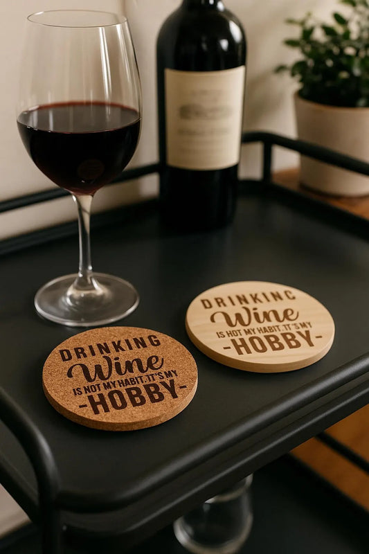 Funny Wine Coaster: Laser Engraved Cork or Wood - "Drinking Wine Is My Hobby"