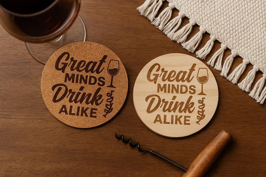 Great Minds Drink Alike Coaster • Engraved Cork or Wood Coaster