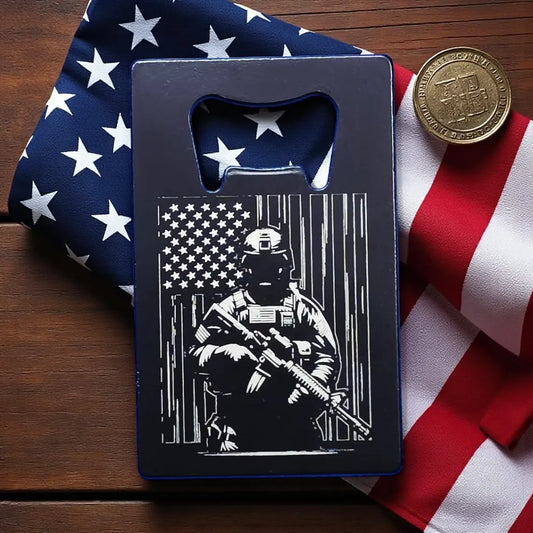 Engraved Soldier & American Flag Credit Card Bottle Opener