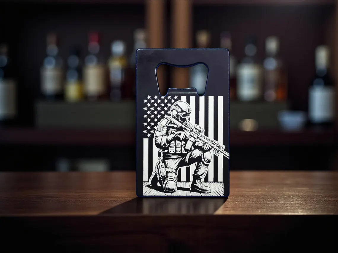 Engraved Soldier and American Flag Credit Card Bottle Opener