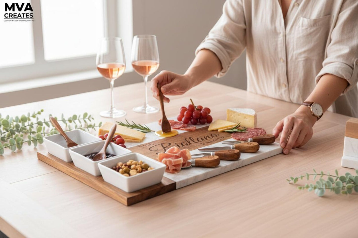 Personalized Marble & Acacia Charcuterie Board Set (11-Piece)