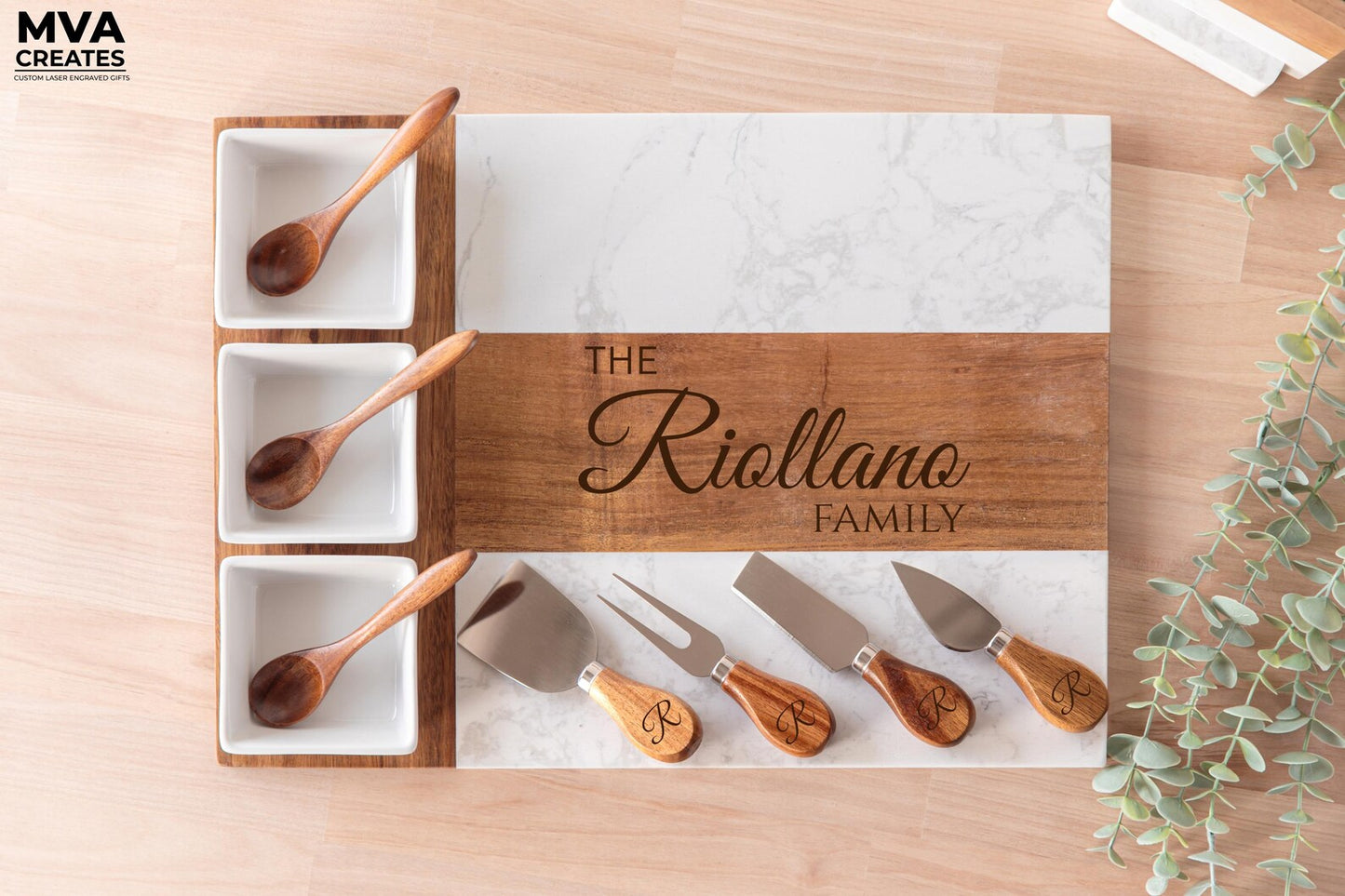 Personalized Marble & Acacia Charcuterie Board Set (11-Piece)