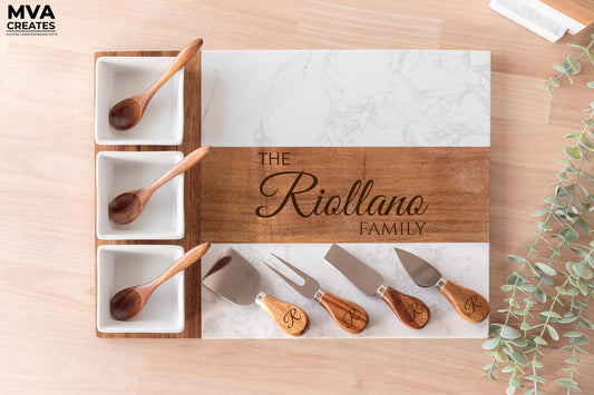 Personalized Marble & Acacia Charcuterie Board Set (11-Piece)