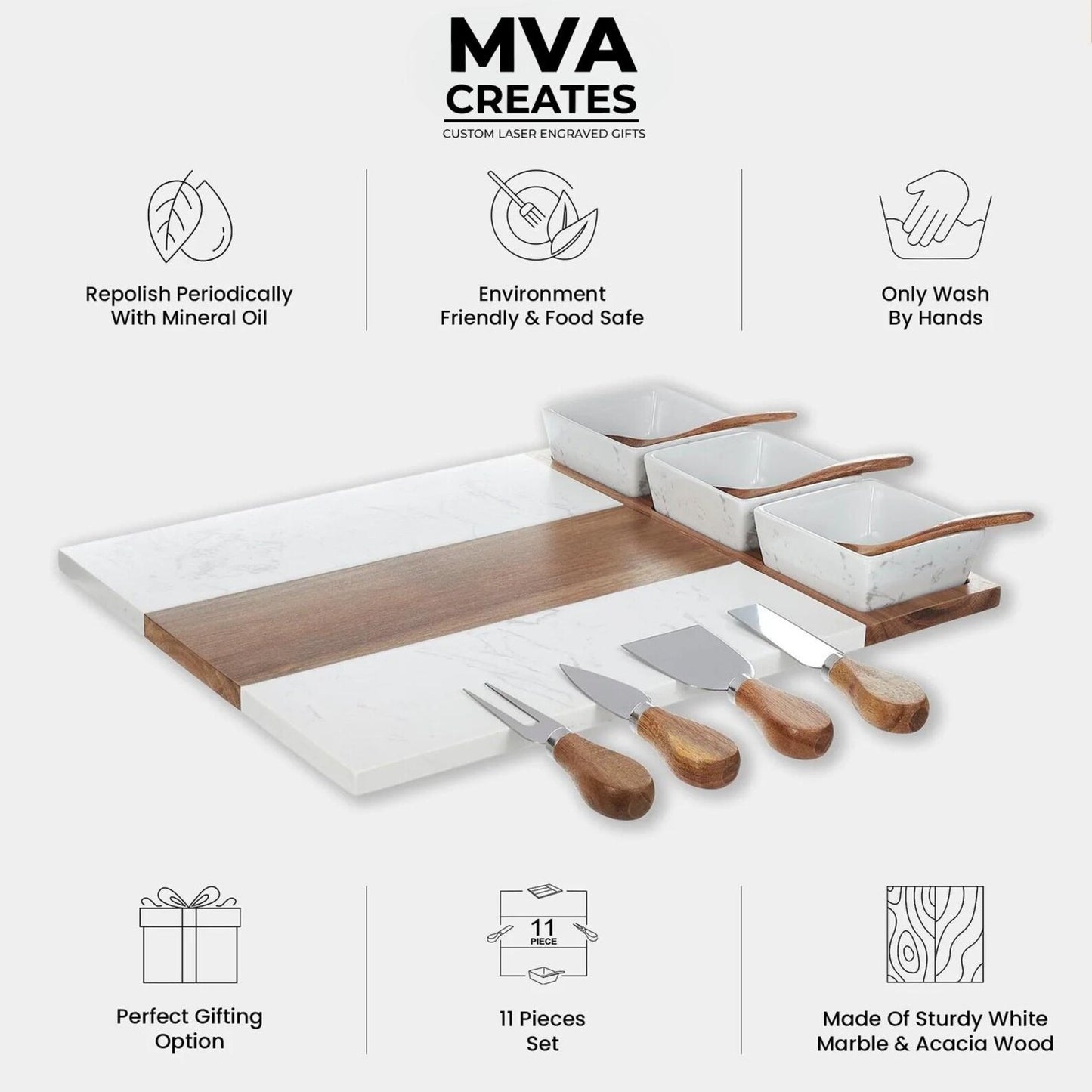 Personalized Marble & Acacia Charcuterie Board Set (11-Piece)