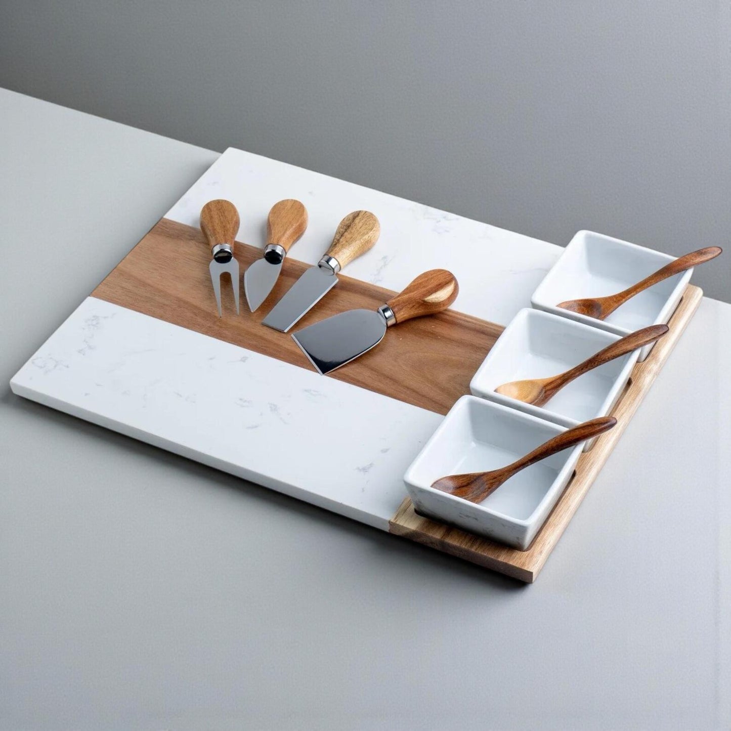 Personalized Marble & Acacia Charcuterie Board Set (11-Piece)