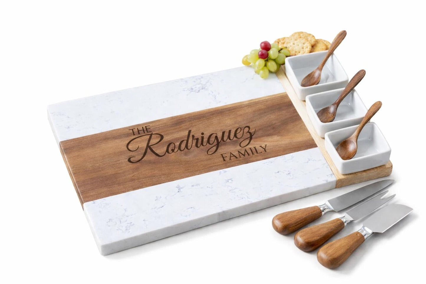 Personalized Marble & Acacia Charcuterie Board Set (11-Piece)