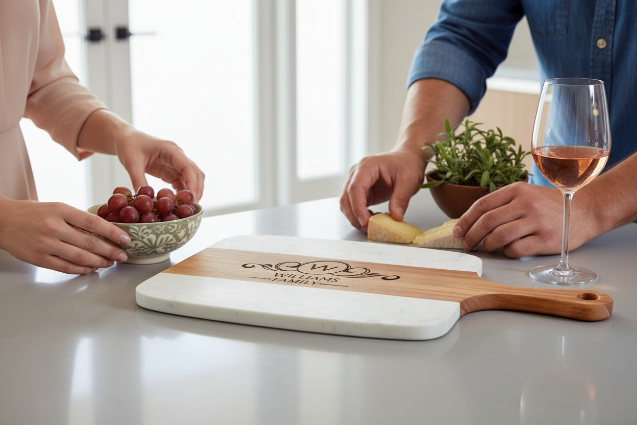 Personalized Marble & Acacia Serving Board Set (5pc) | Custom Engraved + 4 Tools