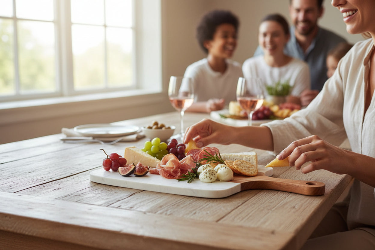 Personalized Marble & Acacia Serving Board Set (5pc) | Custom Engraved + 4 Tools