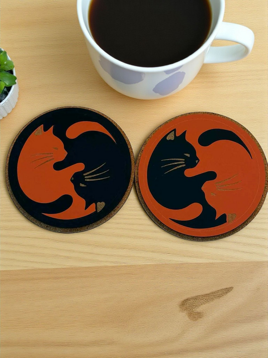 Cat Yin Yang Coasters  - Black & White Orange Cat Lovers Gift