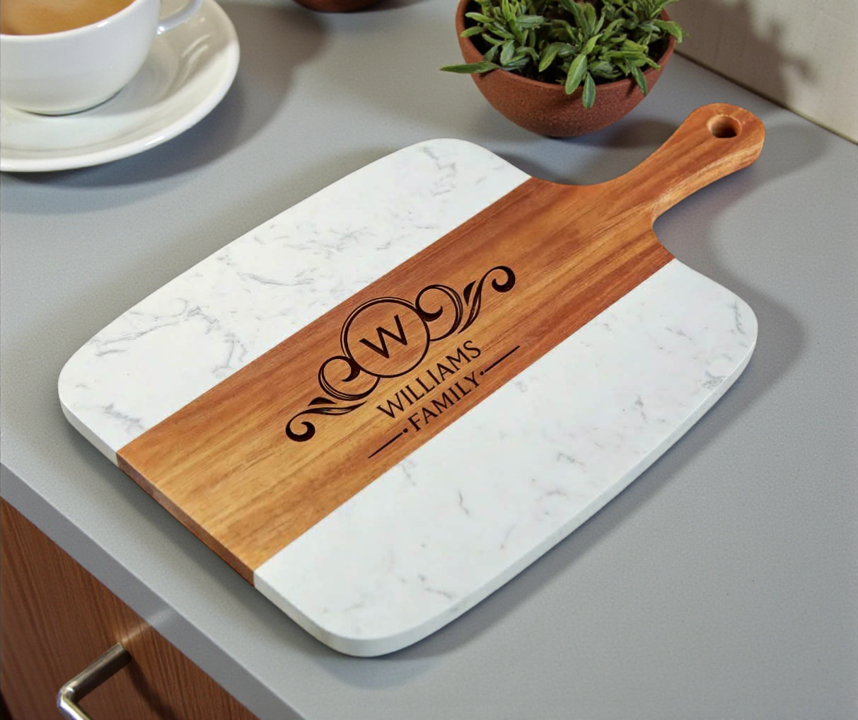 Personalized Marble & Acacia Serving Board Set (5pc) | Custom Engraved + 4 Tools