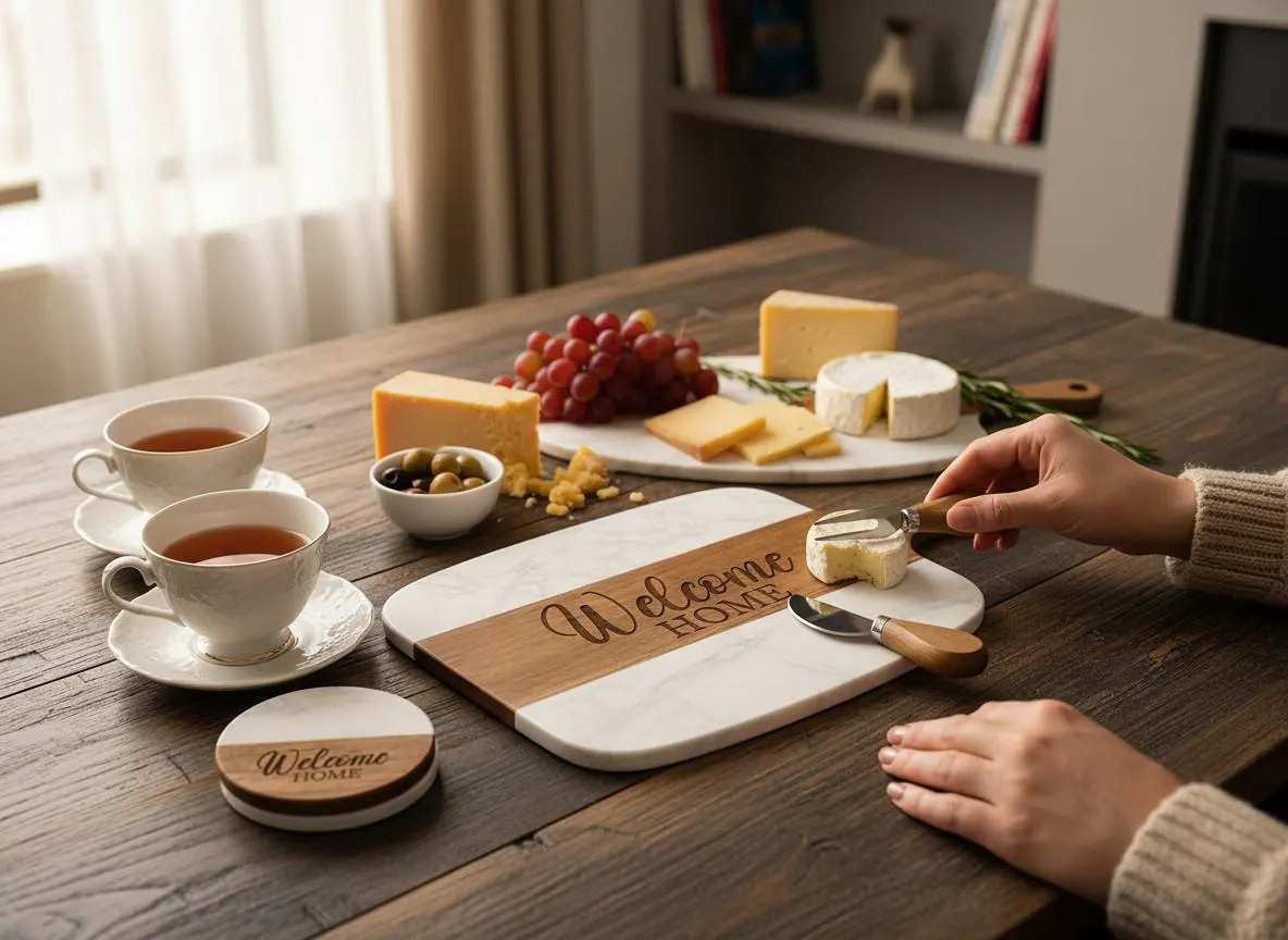 Welcome Home marble and acacia serving board set with matching coasters styled for a housewarming gift