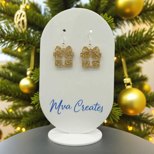 Gold Gift Box Earrings | Holiday Glitter Earrings | Festive Acrylic Dangle Jewelry