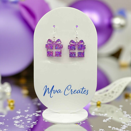 Purple Glitter Gift Box Earrings | Holiday Acrylic Earrings | Festive Jewelry Gift