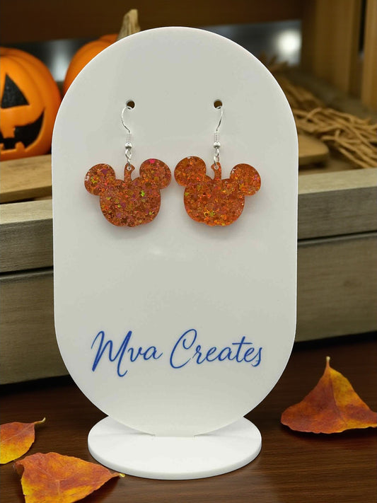 Orange Glitter Mouse Earrings | Halloween Acrylic Earrings | Fall Sparkle Jewelry