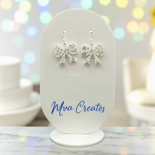 Snowflake Bow Earrings | White Acrylic Christmas Earrings | Holiday Jewelry Gift