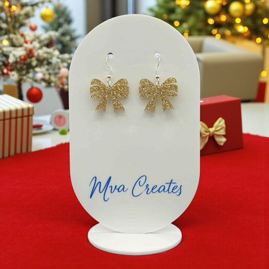Gold Glitter Bow Earrings | Sparkly Holiday Jewelry | Christmas Acrylic Earrings
