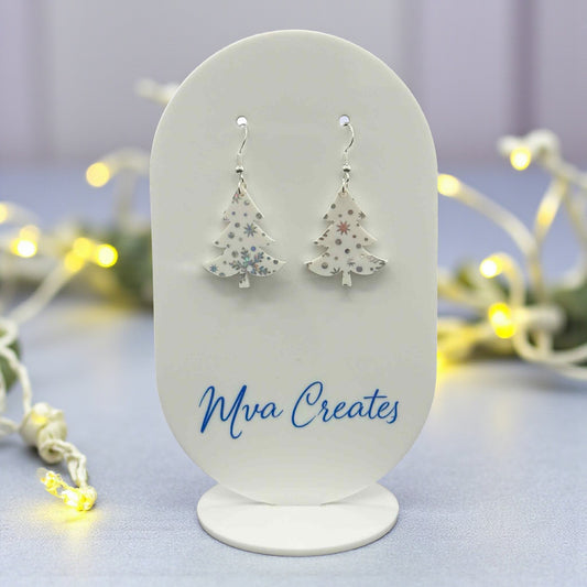 Snowflake Christmas Tree Earrings | White Acrylic Holiday Jewelry | Winter Gift for Her