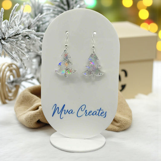 Holographic Christmas Tree Earrings | Iridescent Acrylic Holiday Jewelry | Sparkly Winter Gift
