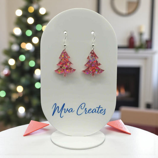 Pink Glitter Christmas Tree Earrings | Sparkly Holiday Acrylic Jewelry | Handmade Festive Gift for Her