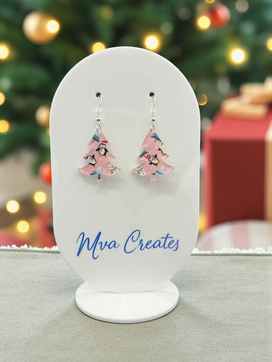 Pink Penguin Christmas Tree Earrings | Cute Holiday Acrylic Jewelry | Winter Gift for Her