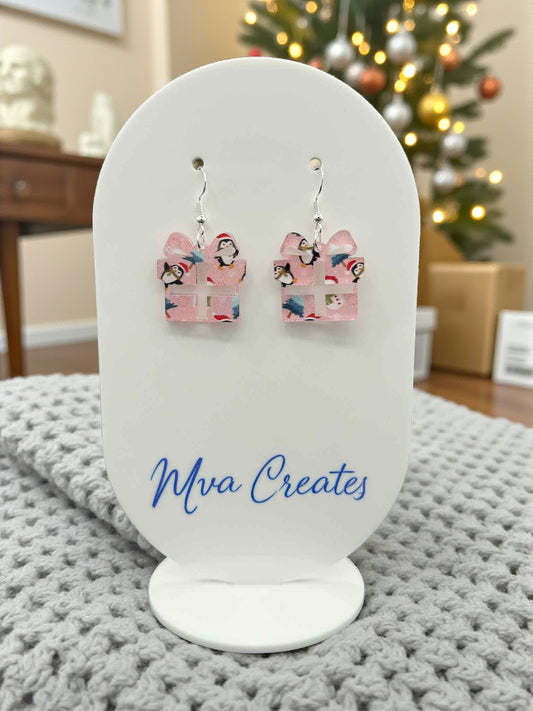 Pink Penguin Gift Box Earrings | Cute Christmas Acrylic Jewelry | Festive Holiday Gift for Her