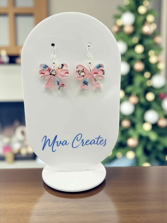 Pink Penguin Bow Earrings | Cute Christmas Acrylic Jewelry | Festive Winter Gift for Her