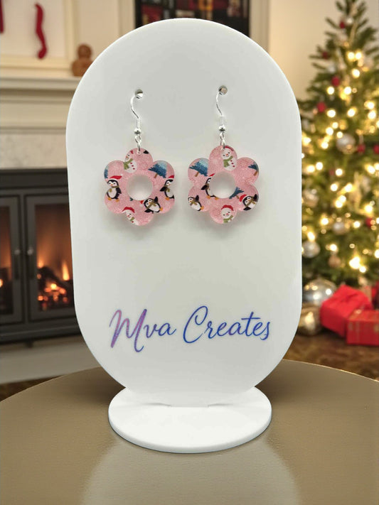 Pink Penguin Flower Earrings | Cute Christmas Acrylic Jewelry | Festive Winter Gift for Her